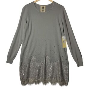 Fleur De Lis Womens XL Gray Embellished Lace Hem Sweater‎ Tunic Dressy Chic